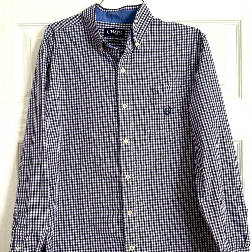 Chaps long sleeve purple plaid button down shirt. Size Medium